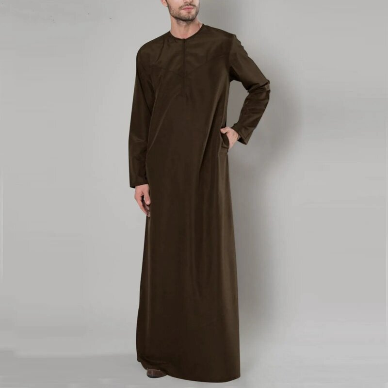 Męska luźna muzułmańska szata w stylu Vintage wygodna muzułmańska koszula Abaya z zamkiem błyskawicznym wycięcie pod szyją muzułmańska odzież męska w jednolitym kolorze