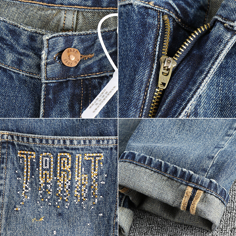 Jeans bordados para homens, American Vintage Trend, nova moda, lavagem para fazer velho, primavera