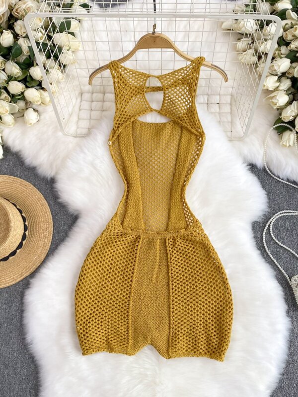 SsTss Sexy Hollow Out Knit Playsuits Women Fashion Summer O Neck Sleeveless Cut Out Slim Open Back Club Beach Rompers Outfits