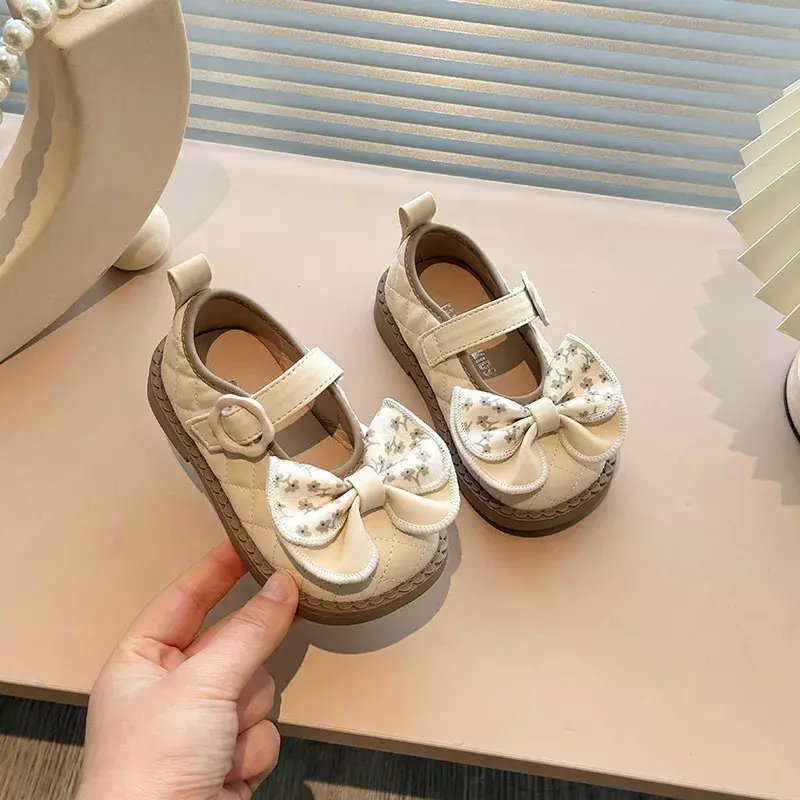 Spring/autumn Girls Princess Leather Shoes Sweet Bowtie Children Causal Dress Shoes Fashion Kids Non-slip Flat Shoes Hook Loop