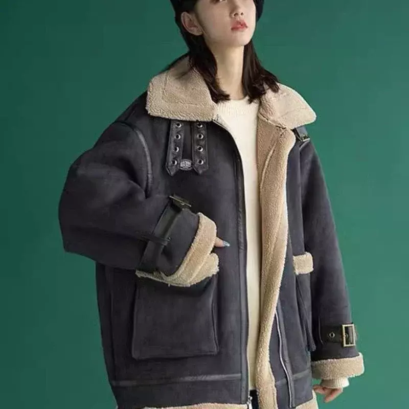 Jaqueta de lã de cordeiro feminina, jaqueta de algodão pelúcia, jaqueta de motocicleta solta e espessa, nova, 2022