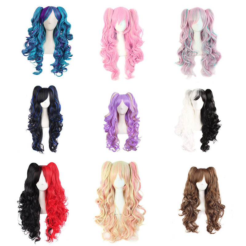 MapofBeauty Multi-colore Lolita lunga Clip riccia su coda di cavallo sintetica parrucca Cosplay (rosa/biondo)