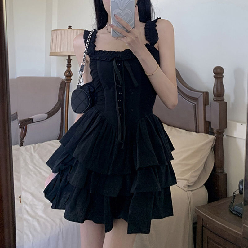 HOUZHOU-Vestidos femininos japoneses góticos estilo Lolita, mini vestido preto sem mangas kawaii elegante, vestido ruffle estilo coreano sexy harajuku