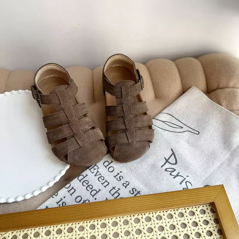 Korean Children Solid Color Shoes 2024 Spring Summer Retro Style British Boys and Girls Casual Shoes Frosted Leather Sandals