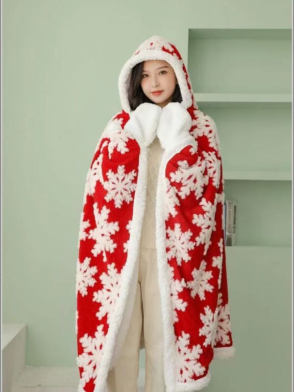 Classic Fur Collar Poncho Cape Autumn Winter Fleece-lined Warm Knitted Tassel Elegant Shawl Christmas Snowflake Nightgown Sleep