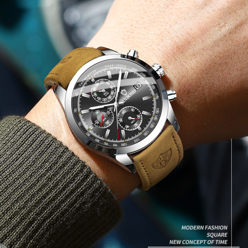 นาฬิกาข้อมือหรูชั้นนำของใหม่สำหรับผู้ชายนาฬิกาควอตซ์ผู้ชายหนังกันน้ำโครโนกราฟเรืองแสงนาฬิกาลำลอง