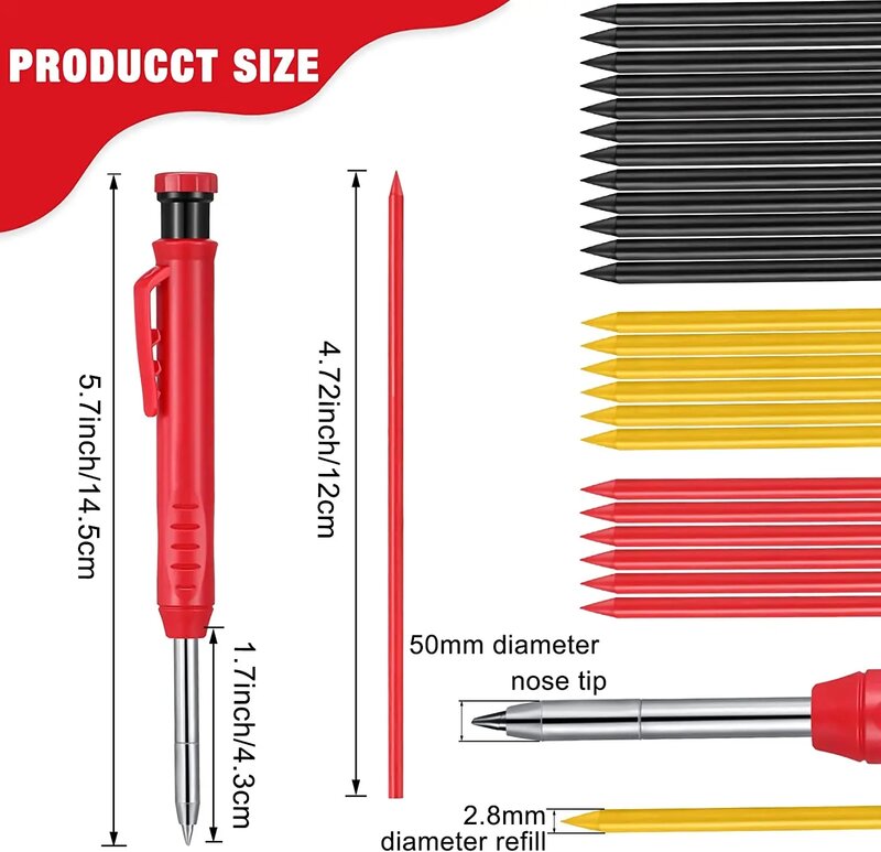 Lápis carpinteiro com Sharpener Set, lápis mecânicos, Carpintaria Construção Lápis, Refil Marcador, nariz longo, sólido