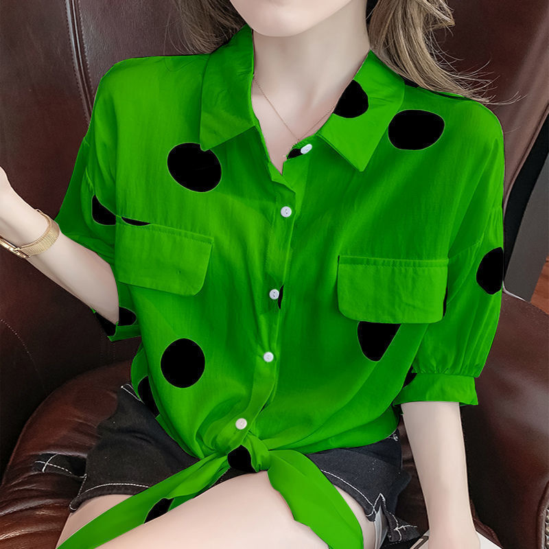 Mode Revers Losse Bandage Boog Polka Dot Shirt Vrouwen Kleding 2023 Zomer Nieuwe Oversized Casual Tops Half Mouw Koreaanse blouse