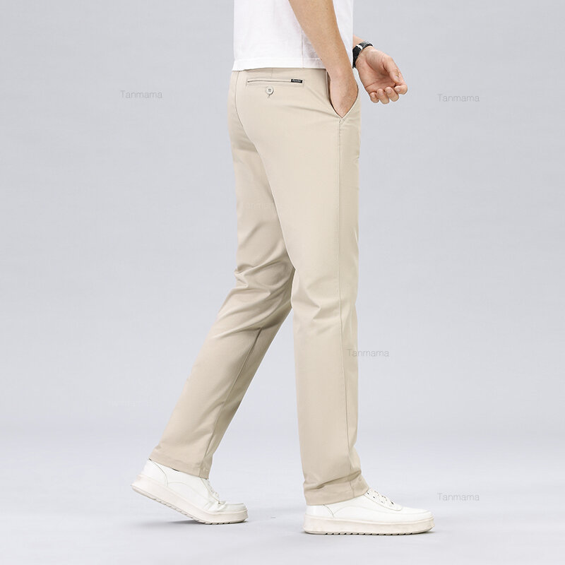 Spring Men's No-iron Casual Pants Classic Solid Color Ice Silk Fabric Drape Formal Business Straight Trousers Beige Armygreen