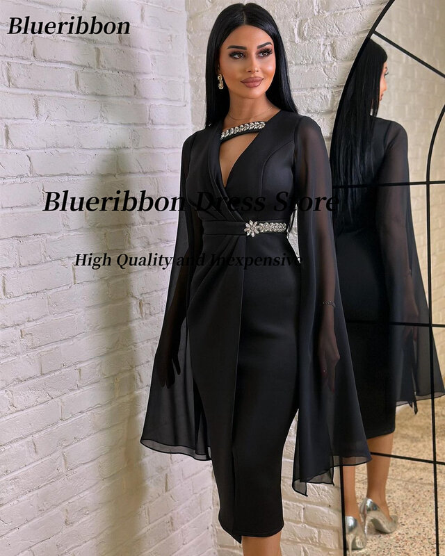 Blueribbon Tea Length Short Prom Dresses 2024 Crystals Sash Long Sleeves Robe Des Cocktail Dress Zipper Back Evening Party Gowns
