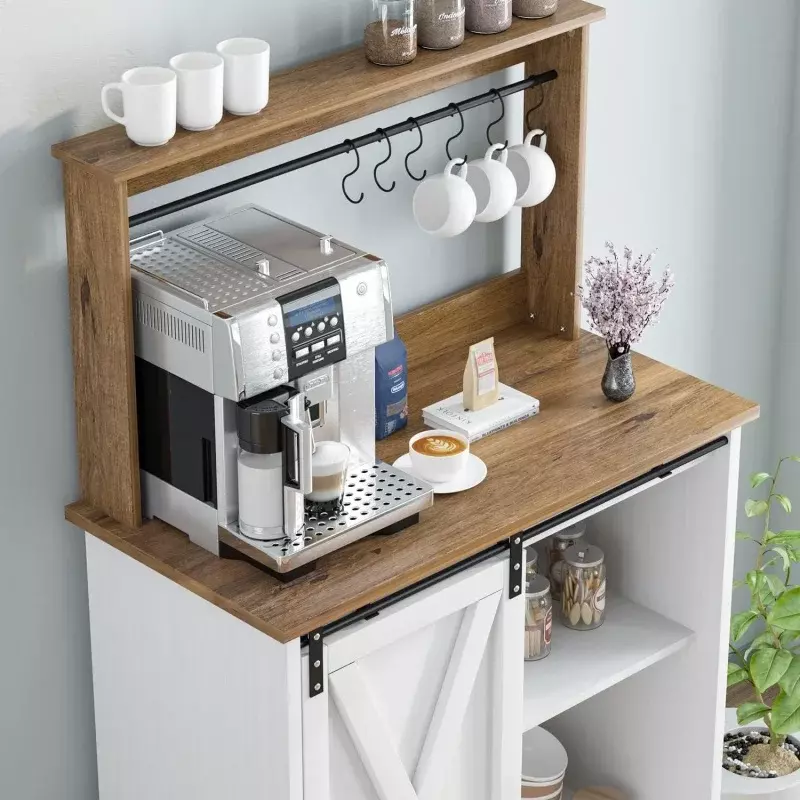 4ever2buy Farmhouse Coffee Bar Cabinet with 6 Hooks, White Coffee Bar with Storage, Kitchen Buffet Cabinet with Adjustable Shelv