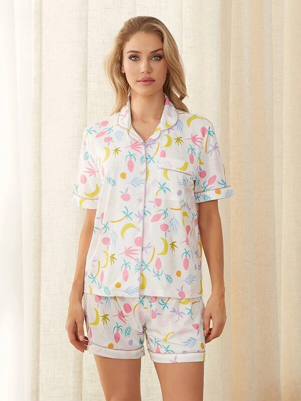 Conjunto de pijama de 2 piezas para mujer, top de manga corta con botones, pantalones cortos a cuadros, ropa de dormir