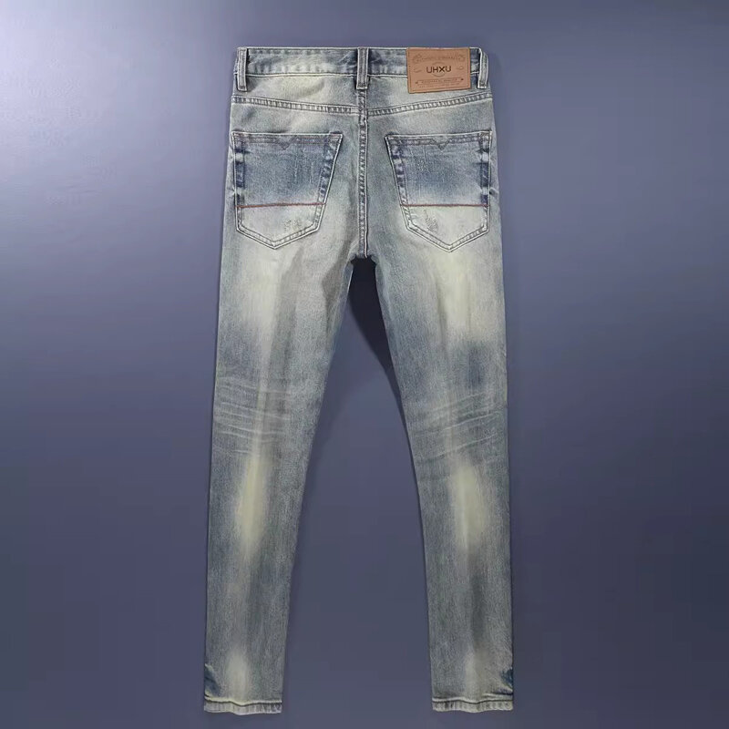 Fashion Vintage pria Jeans kualitas tinggi Retro dicuci biru peregangan Slim Fit robek Jeans Pria gaya Italia desainer celana Denim