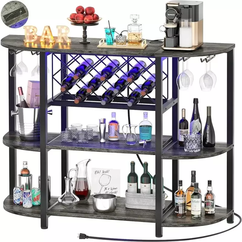 Freestanding Floor Bar Table for Liquor with Glass Holder and Wine Rack Storage, Wine Bakers Rack for Kitchen Dining Room,