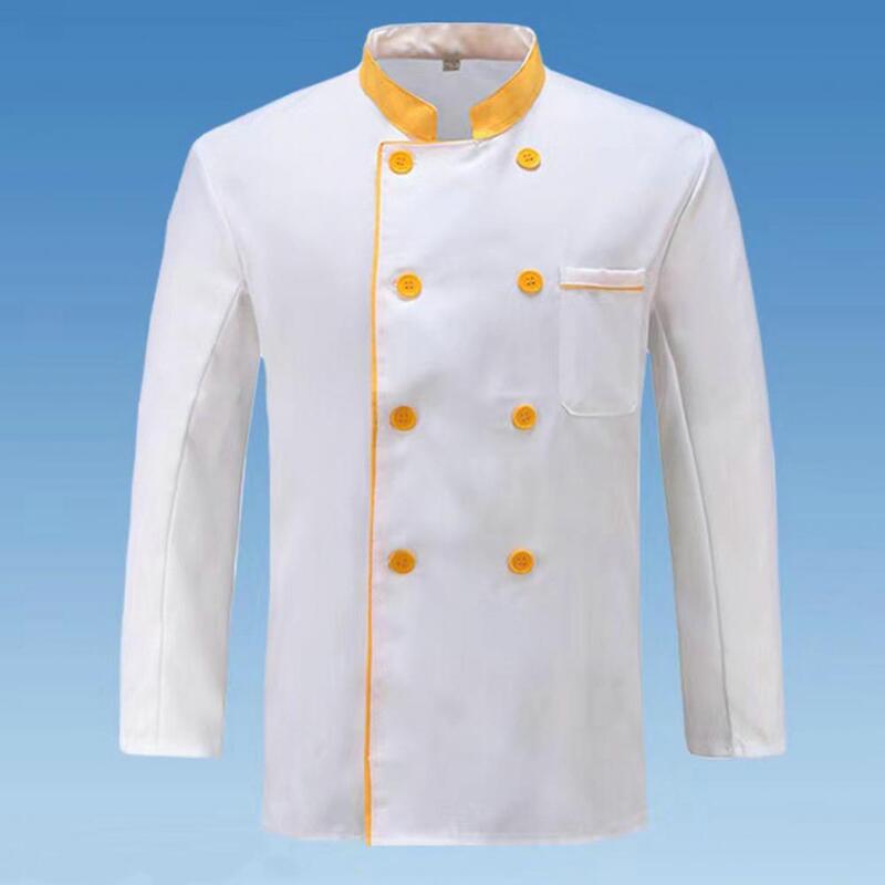 Chaqueta de Chef con cierre de botón, bolsillo frontal, mangas largas, cuello levantado, ropa de cocina sin pelusa, Catering, cocina, uniforme de Chef personalizado