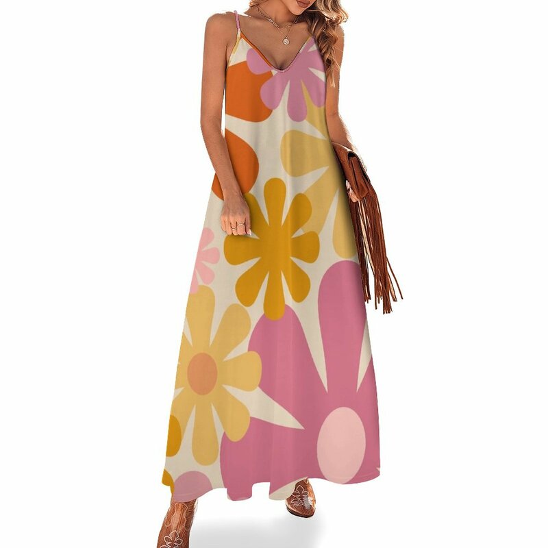 Kwiaty Retro z lat 60. 70.-kwiatowy wzór w stylu Vintage w różowej, pomarańczowej, musztardowej i kremowej sukience bez rękawów letnie sukienki