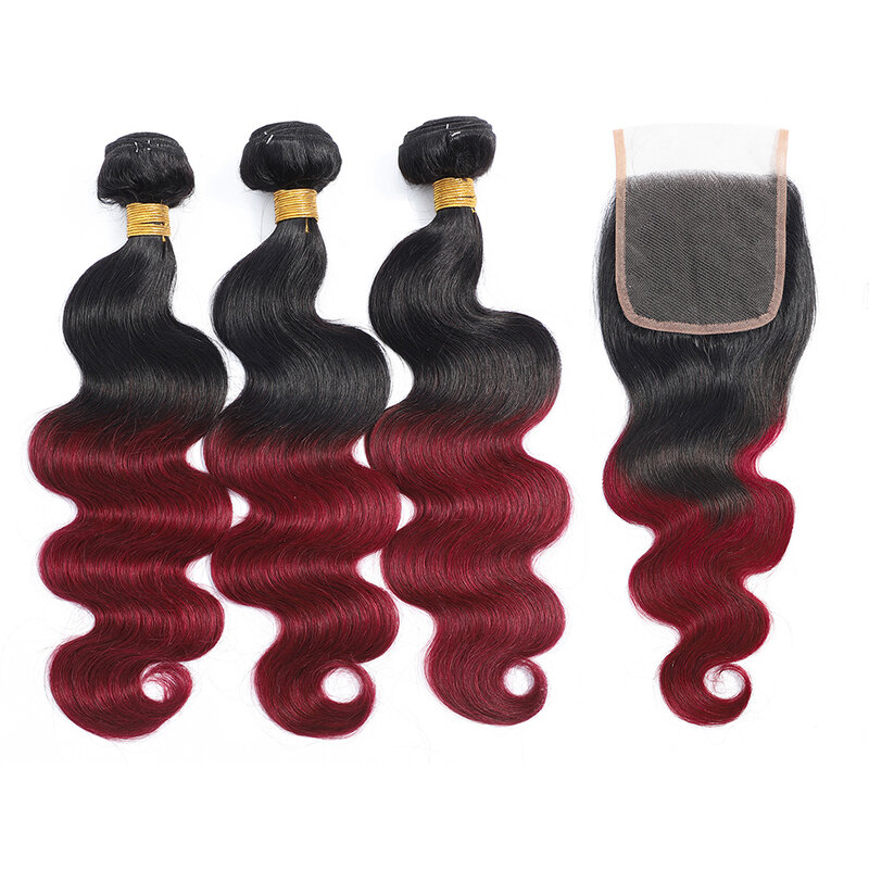 Body Wave Bundles With Closure 100% Human Hair Weave Brazilian Red Burgundy 1b/99j 3/4 Bundles With Closure Extensions For Women