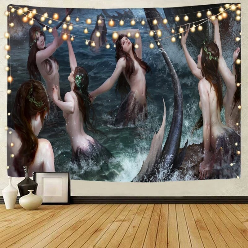 Tapiz de decoración de fondo de pintura de Arte de sirena, decoración de fondo de natación de sirena encantadora