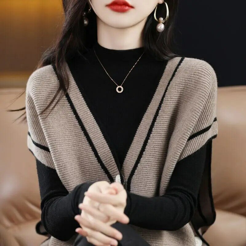 Spring and Autumn New V-Neck Contrast Knitted Cardigan Tank Top Women's Loose and Versatile Sleeveless Sweater Coat