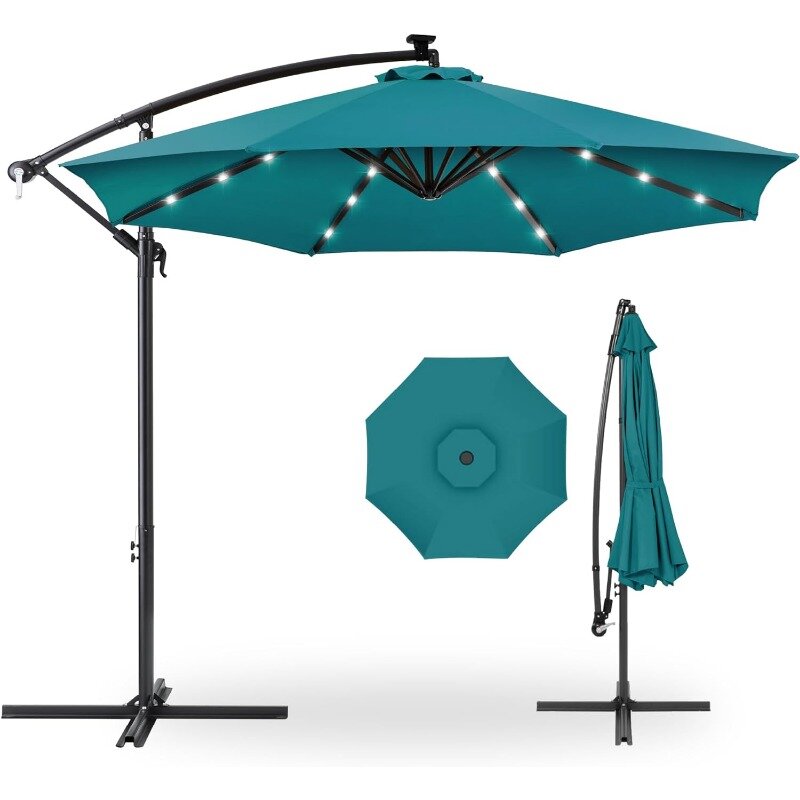 10ft Solar Led Offset Opknoping Markt Patio Paraplu Voor Achtertuin, Zwembad, Gazon En Tuin Met Eenvoudige Kantelafstelling