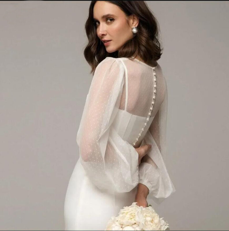 Dot Tulle Wedding Jakcet Buttons Back Romantic Removable Bolero Full Sleeves O Neck Bride Coat Top