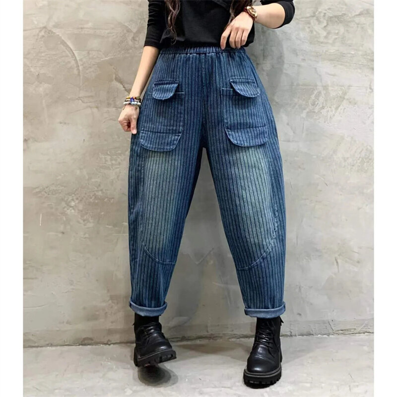 5xl jeans 2022 lente/zomer mode bedrukt jeans retro gewassen harem broek herfst denim broek vrouwen jeans elastische taille broek