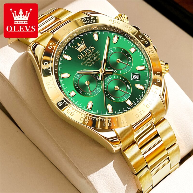 OLEVS นาฬิกาข้อมือผู้ชาย, นาฬิกาข้อมือสแตนเลสนาฬิกากลไกอัตโนมัติสีเขียวทองกันน้ำสว่าง