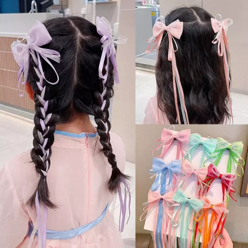 Pinces à cheveux coréennes pour filles, nœuds doux, accessoires d'été pour bébés, épingles à cheveux en maille tressée sur le côté, bandes de sauna, barrettes, 2 pièces