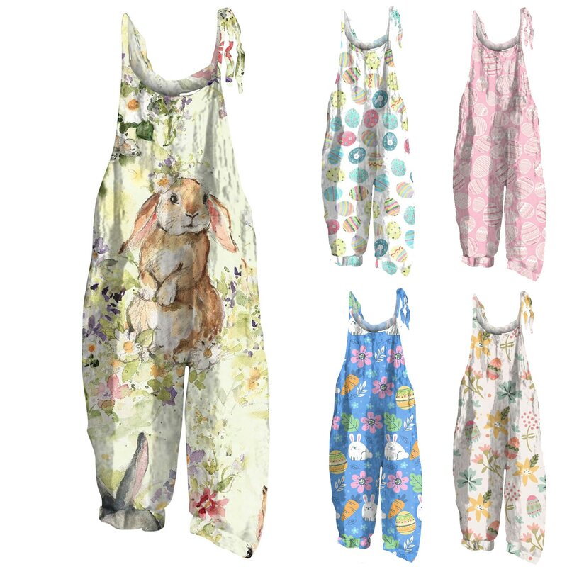Jumpsuit Loose Sleeveless Strappy Jumpsuits Vintage Ethnic Style Women Floral Print Rompers Jumpsuit Easter Bunny Casual Macacão