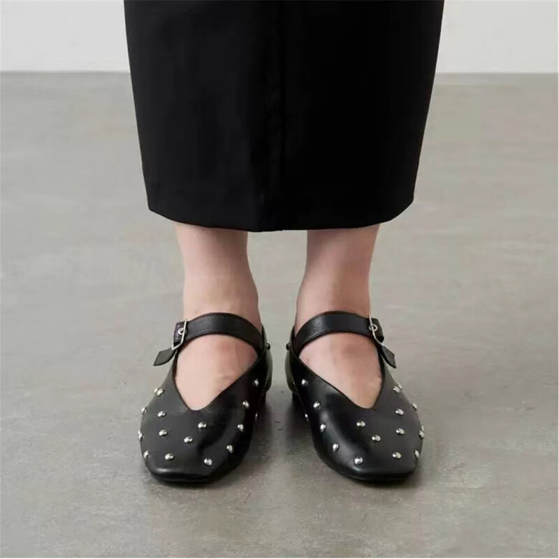 FEDONAS-rebites de couro genuíno para mulheres, sapatos Mary Jane macios, primavera e verão, nova moda, 2024
