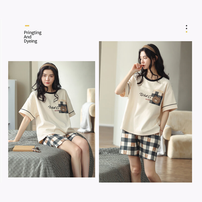 MiiOW Summer Nightwear Set Woman 2 Pieces Cartoon Plaid Cotton Short-sleeved Shorts Pajamas Women's Homewear Suit