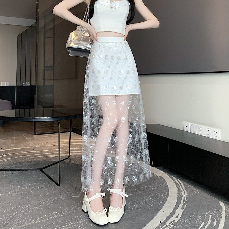 Female Version Versatile Summer New Elastic Waist Lace Mesh Skirt Sequin Perspective Casual Long Skirts Ladies Casual Skirt Q870