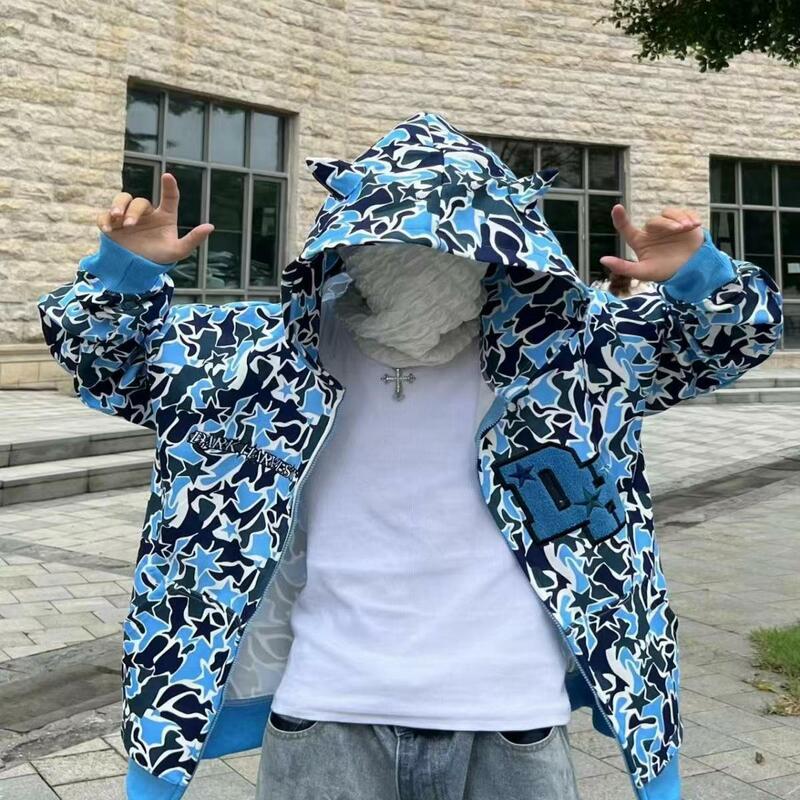 Spring Fall Men Goth Demon Embroidered Hoodie Harajuku Oversized Camouflage Sweatshirt Y2k Clothes Couple Streetwear