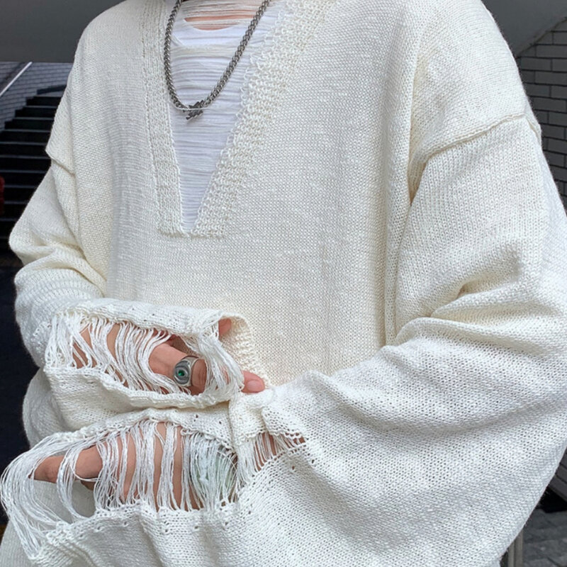 V-Ausschnitt Pullover für Männer Kleidung gestrickt Harajuku American Fashion Hip Hop Loch solide Langarm Pullover Pullover