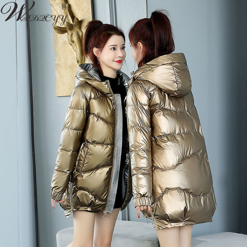 Fashion Glossy Winter Parkas Women Hooded Long Sleeve Down Cotton Padded Jakcet Snow Wear Warm Oversized Loose Outwear Plus Size