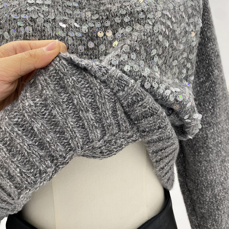 Miiiix Fashion Korea musim gugur/musim dingin 2024 Pullover leher bulat manis gaya mengurangi serbaguna payet Sweater rajutan pendek