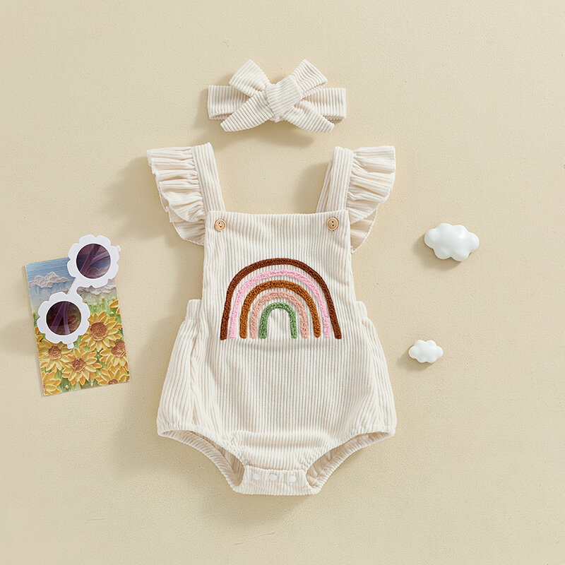Baby Stram pler Fuzzy Regenbogen Stickerei Fliegen ärmel Rüschen Baby Bodys Sommerkleid ung mit Stirnband