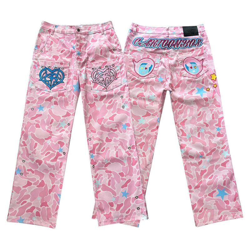 Artesanato pesado, calça jeans bordada com camuflagem masculina, calça reta de pernas largas, calça street hip hop, unissex, novo senso de design, rosa, 2023