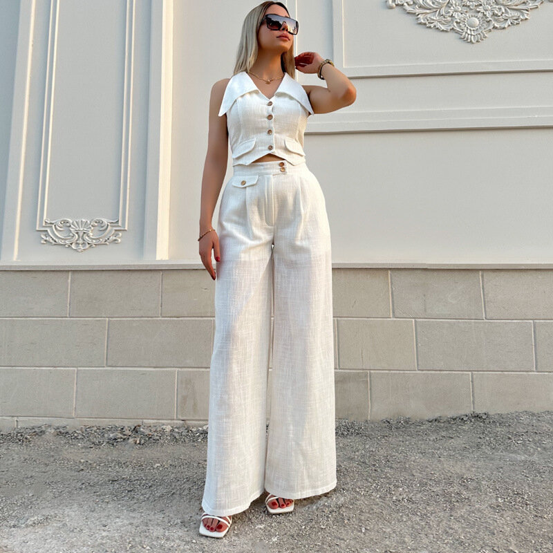 Summer Casual Solid 2 Piece Set Women Fashion Two Piece Outfit 2024 New Button Down Tank Tops Wide Leg Pants Suit Women Work Set