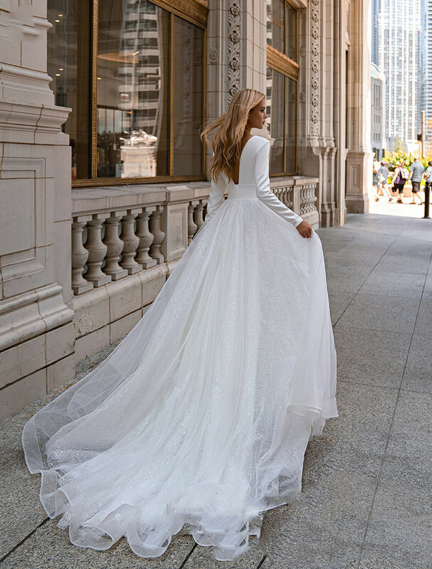 Gaun pengantin wanita lengan panjang leher V Modern gaun pengantin kain Tule berkilau bentuk huruf A gaun pengantin gaun pengantin wanita buatan khusus