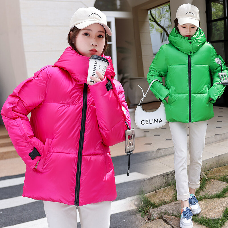 2023 New Korean Fashion Short Winter Padded Coat Women Parkas Glossy Down Cotton Jacket Hooded Parka Warm Female Casual Outwear