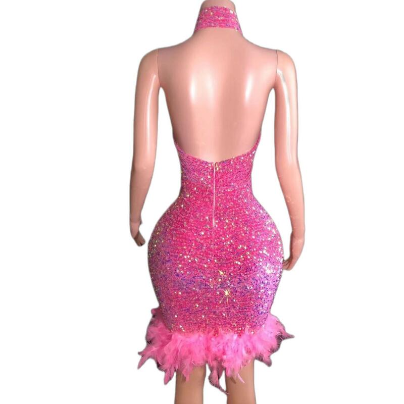 Sexy Pink Sequin Pink Feather Dresses Black Girl Mini Short Prom Dresses for Birthday Party Celebrate Cut-out Dress Fenqiangwei