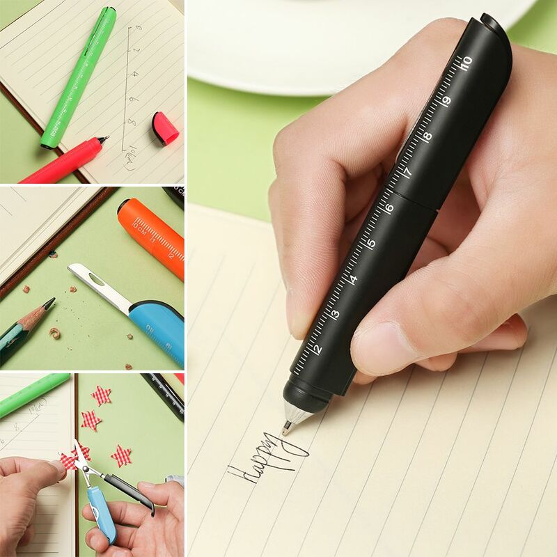 Alat tulis plastik portabel multifungsi, pena pulpen tanda tangan penggaris