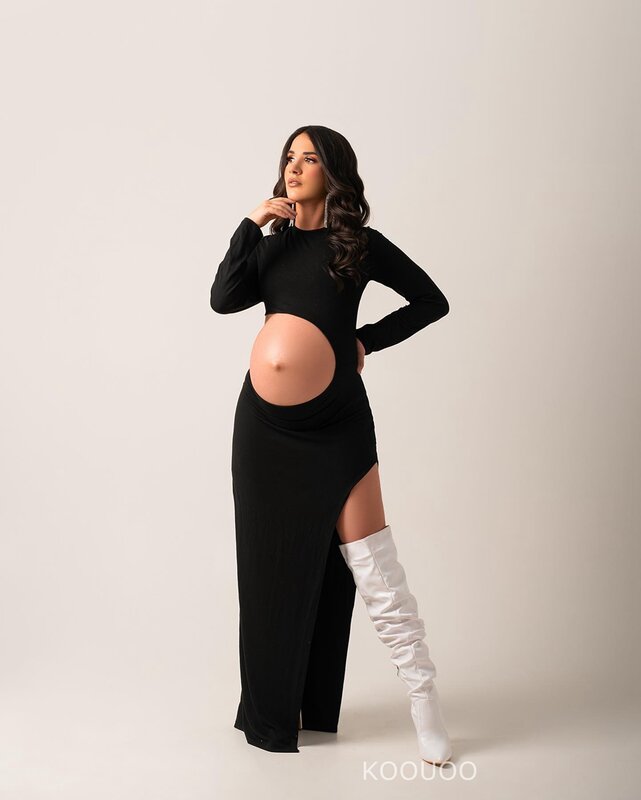 Gaun bersalin untuk pemotretan wanita hamil Cut Out Bodycon rok Slim-fit panjang Maxi dengan gaun samping pakaian fotografi