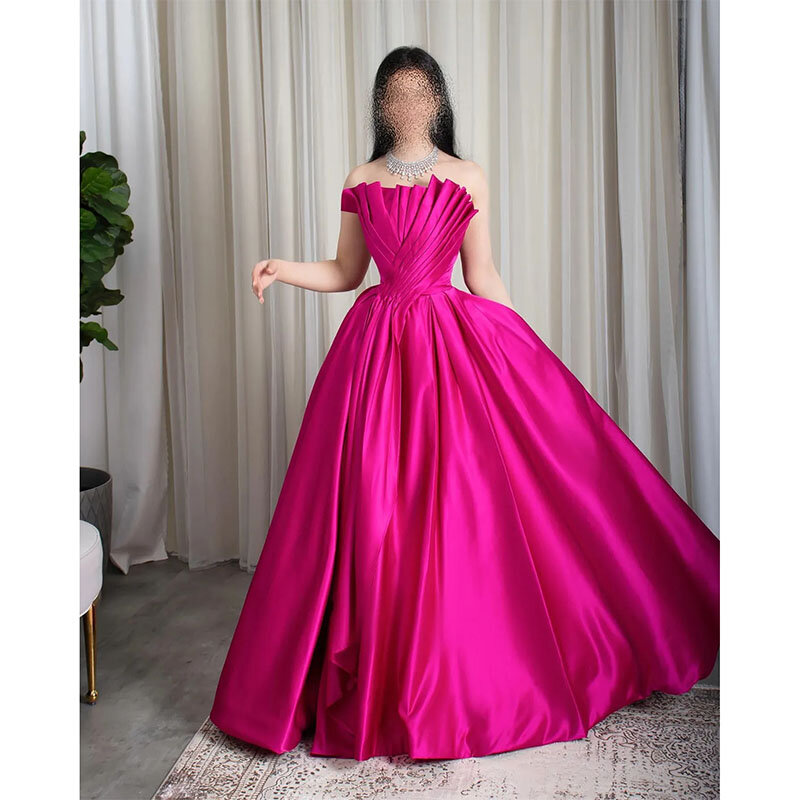 Fuchsia Satin Dubai gaun malam untuk wanita bergigi tanpa lengan panjang Satin A-line pesta Prom gaun pakaian ulang tahun