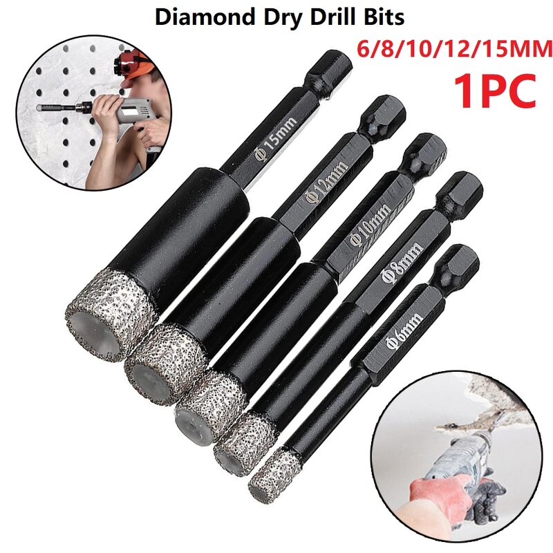 6-15mm Vaccum Brazed Diamond Dry Drill Bit Porcelain Granite Tile Glass Marble Hexagon Shank Hole Saw Cutter Tool Supply