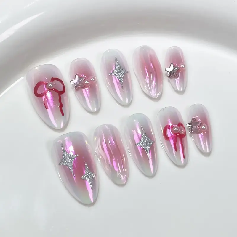 10Pcs Aurora Almond Pink Press on Nails French y2k False Nails with Bow Knot Love Detachable Full Cover Fake Nail Tips With Glue