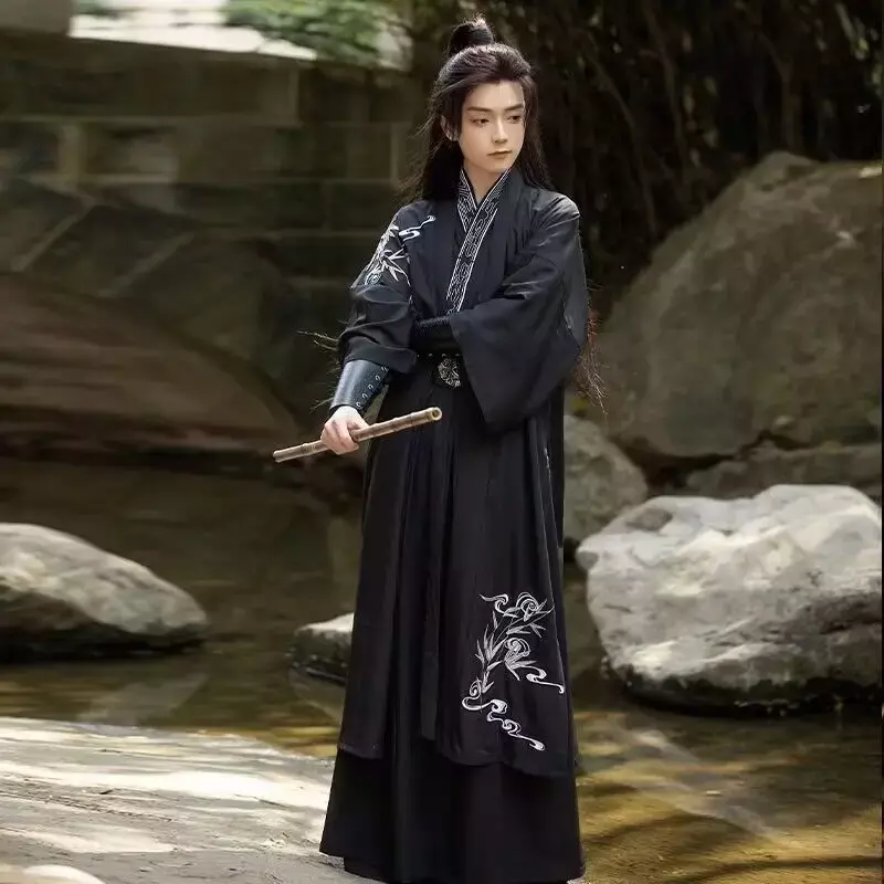 Мужской Традиционный китайский костюм Hanfu размера плюс 3XL для косплея 2023, костюм на Хэллоуин, костюм ханьфу, темно-синяя и черная рубашка + юбка, комплекты
