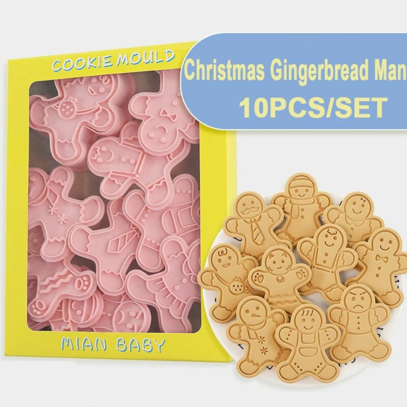 ジンジャーブレッドマンクリスマスプラスチッククッキー型、ベーキングモールド、漫画クッキー、装飾ツール、新しい、セットあたり10個