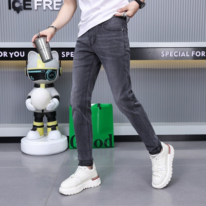 Simple High-End Men's Summer Thin Black Gray Jeans Men's Stretch Slim-Fitting Small Straight Casual All-Matching Long Pants